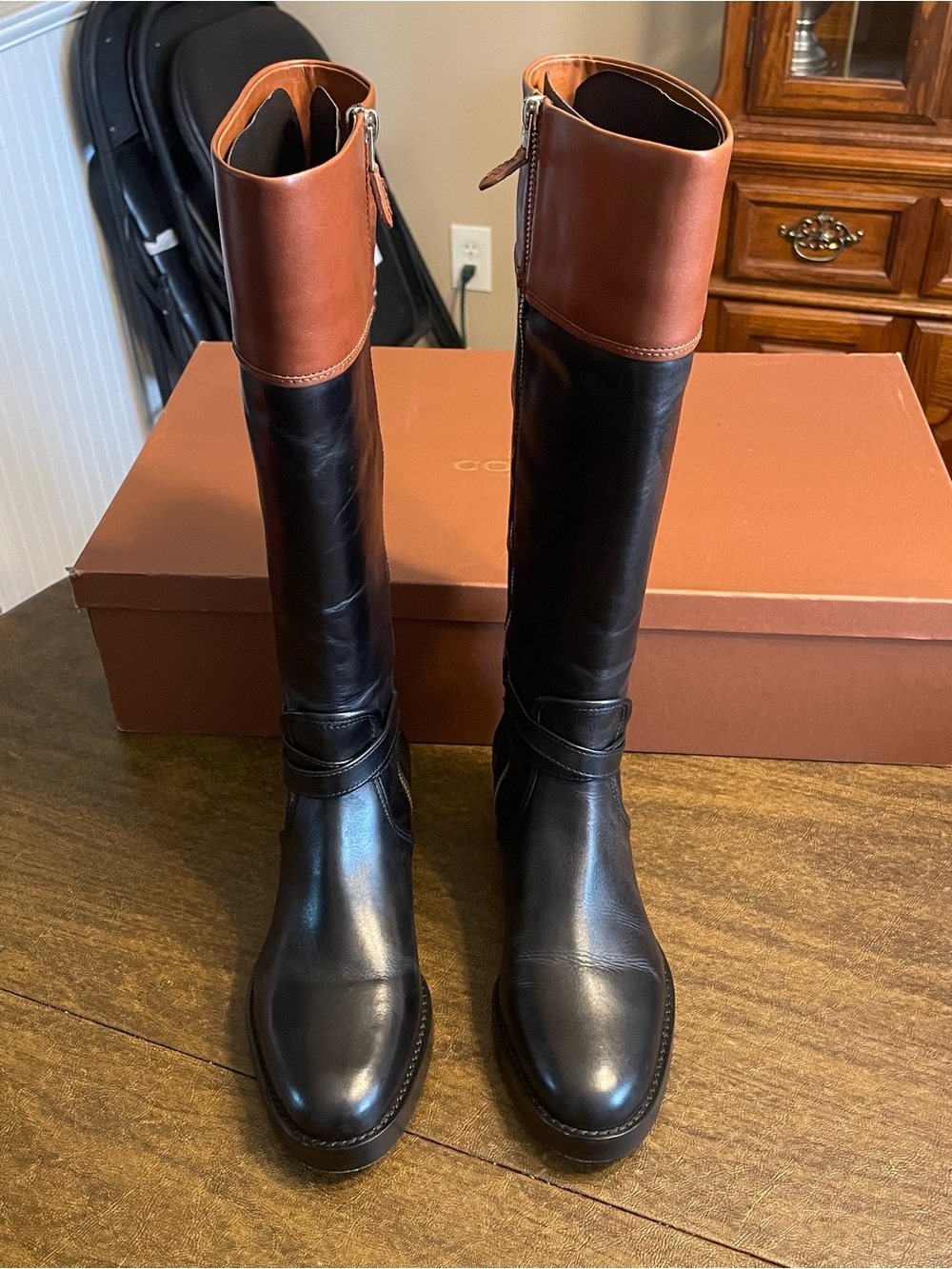 Coach Black Leather Tall Riding Boots with Brown Cuff - Picture 3 of 6
